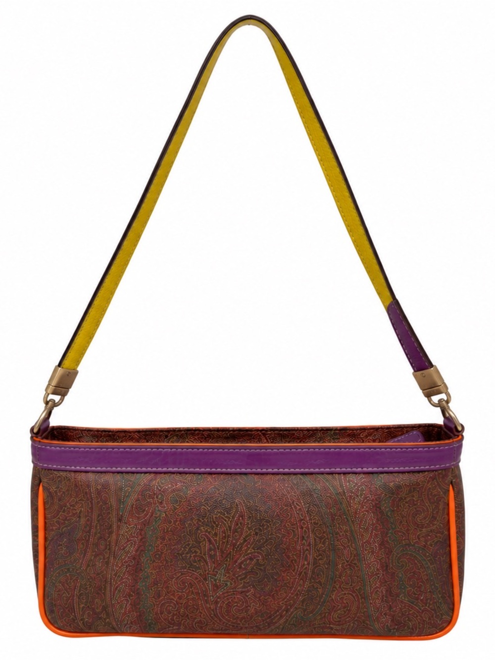 Etro Paisley Shoulder Bag Brown Purple Orange Leather Trim Zip Top